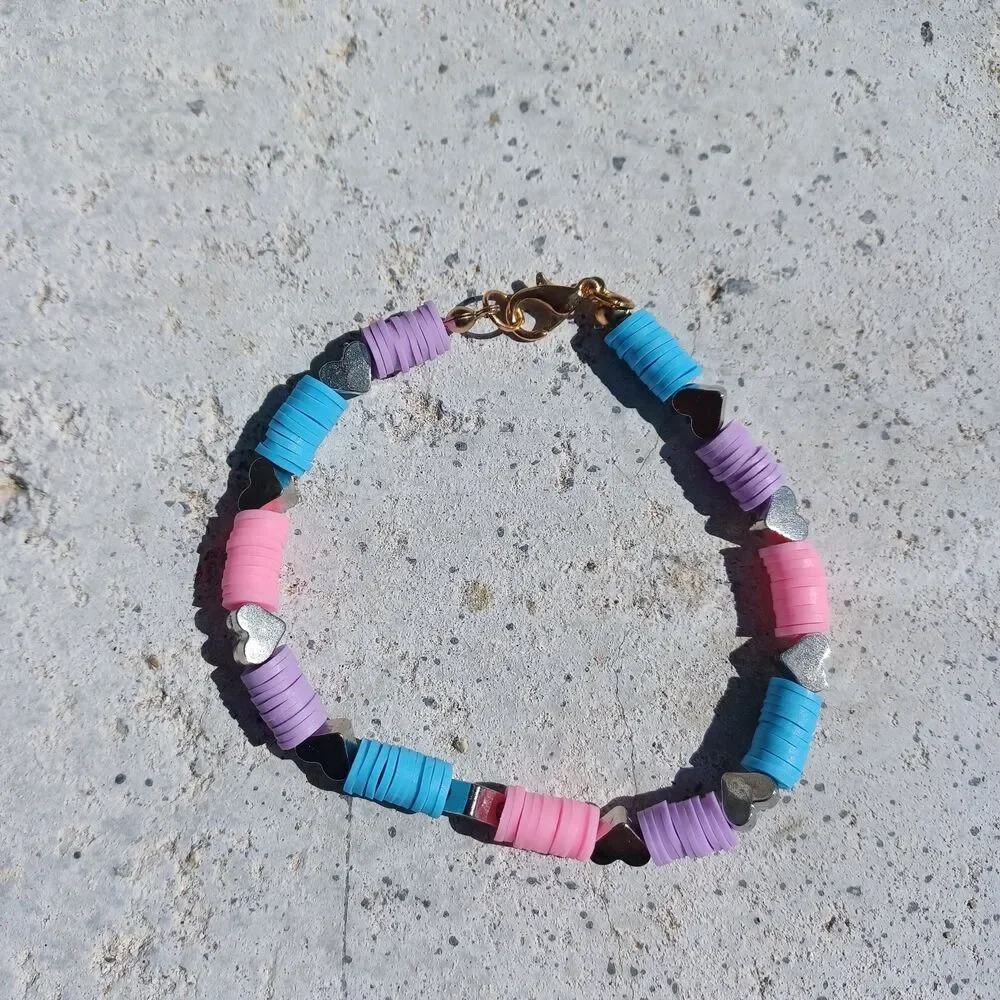 Pink, Blue and Purple Beaded Bracelet with Lobster Clasp